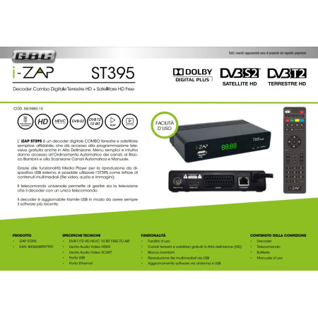 I-Zap Decoder ST395 Play DVB-T2 DVB-S2 HEVC 10 BIT HD HDMI/USB/LAN