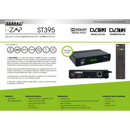 I-Zap Decoder ST395 Play DVB-T2 DVB-S2 HEVC 10 BIT HD HDMI/USB/LAN