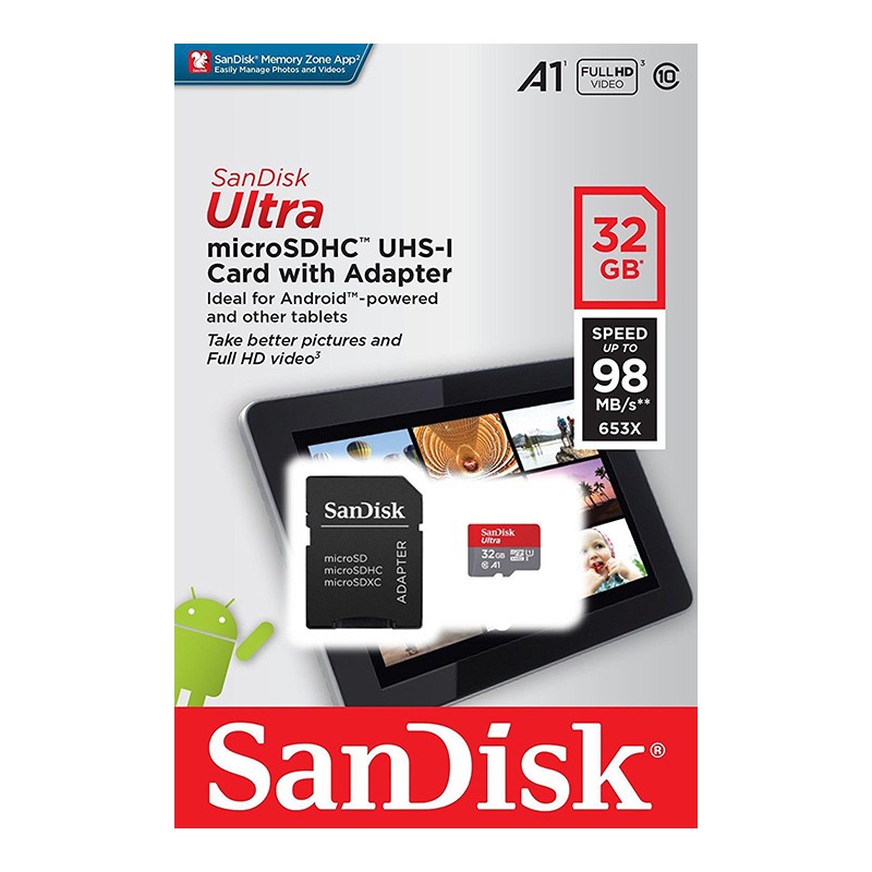 SanDisk Micro SD 32GB Classe A1, 98MB/s + Adattatore SD
